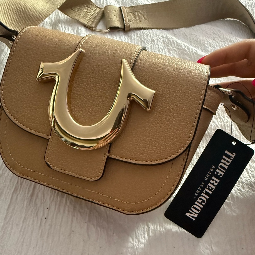 True Religion Beige Crossbody Bag with Gold Accent
